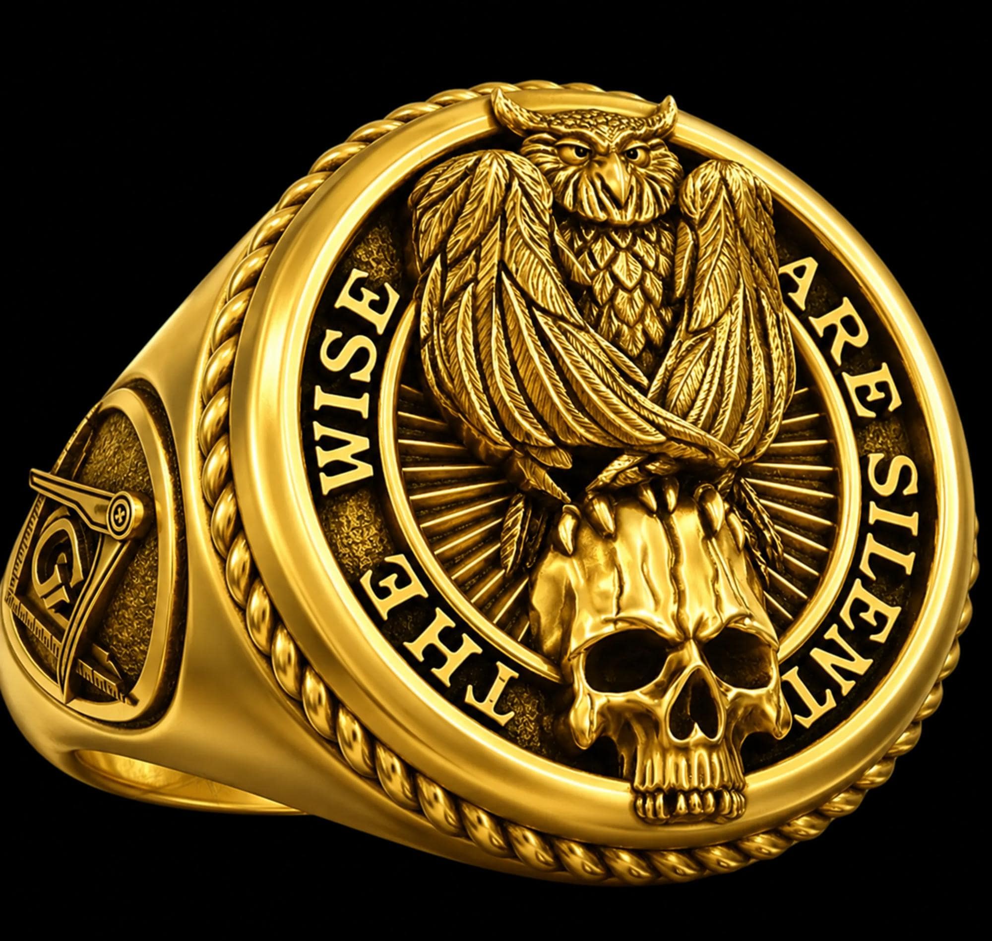 Wise Owl Skull Ring - Gothic Owl Wings Signet Sterling Silver Statement Jewelry Gift Her