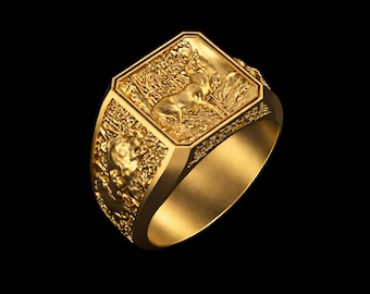 14K Yellow Gold Plated Deer Signet Ring Forest Buck Wildlife Hunter Statement Ring Gift