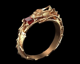 Dragon Ring - Gold Plated  Red Stone Gothic Statement Jewelry Ring Gift For Him