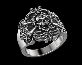 Anillo de calavera pirata con tibias cruzadas - Joyería gótica motera de plata de ley - Regalo ideal para él