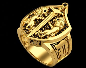 Double Lion Shield Ring - 14K Gold Plated Black Stone Statement Jewelry Gift Him Her