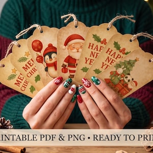 Op de afbeelding: Een set van zes beige papieren cadeaulabels met jute touw, voorzien van illustraties van de Kerstman, een pinguïn en een panda met kerstboom, met de tekst Merry Christmas en Happy New Year, gepresenteerd in een waaiervorm.