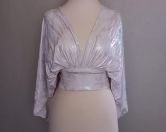 Shiny Lavender Metallic Wrap Crop Top - Camo Print V-Neck Blouse, Festival Rave Outfit