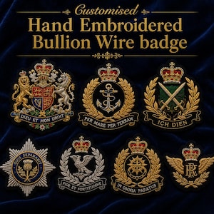 May include: Seven hand-embroidered bullion wire badges featuring intricate metallic thread designs, including royal crests, anchors, swords, and crowns. Each badge displays Latin text such as Dieu et Mon Droit, Per Mare Per Terram, and Ich Dien.