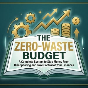May include: An image featuring an open book with the title "THE ZERO-WASTE BUDGET" in gold. Gold gears, arrows, and coins surround the book, with the text "A Complete System to Stop Money From Disappearing and Take Control of Your Finances".