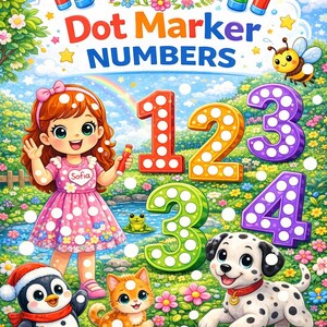 Puede incluir: Ilustración colorida para "Sofia's Little World" con el texto "Dot Marker Numbers". Una niña con un vestido rosa de lunares sostiene un marcador. Los números 1-4 se muestran con un dálmata, un pingüino, un gatito y una abeja.