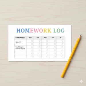 Könnte beinhalten: Ein weißes Hausaufgabenprotokoll mit dem Titel "HOMEWORK LOG" in bunten Buchstaben. Das Protokoll enthält Abschnitte für Fächer und Wochentage. Ein gelber Bleistift liegt auf der rechten Seite des Protokolls.