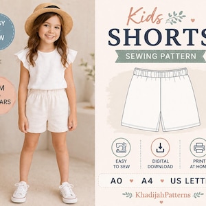Peut inclure: Un patron de couture numérique pour short d'enfant avec un dessin technique de short à taille élastique. Le texte indique Kids Shorts Sewing Pattern, 12M to 12 Years, Easy to Sew, Digital Download, Print at Home, A0, A4, US Letter, KhadijahPatterns.