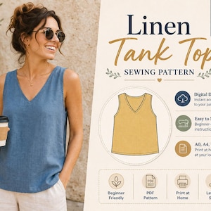 Könnte beinhalten: Ein digitales Schnittmuster für ein Leinen-Tanktop mit V-Ausschnitt. Die Grafik enthält den Text Linen Tank Top Sewing Pattern, Digital Download, Easy to Sew sowie A0, A4, US Letter. Symbole zeigen PDF-Schnittmuster, Druck zu Hause und Ebenengrößen.