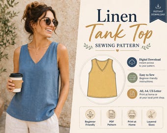 Op de afbeelding: Een digitaal naaipatroon voor een linnen tanktop met een V-hals. De afbeelding bevat de tekst Linen Tank Top Sewing Pattern, Digital Download, Easy to Sew en A0, A4, US Letter. Iconen geven PDF-patroon, thuis printen en gelaagde maten aan.