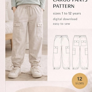 May include: A beige cargo pants pattern for kids, with the text "KIDS CARGO PANTS PATTERN" and "sizes 1 to 12 years". The image includes a drawing of the pants and the words "SEWING PATTERN & TUTORIAL".