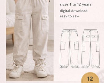 Kids Cargo Pants Pattern | Easy DIY Elastic Waist Trousers PDF Sewing Pattern | Girls & Boys Sizes 1–12 Years | Digital Download