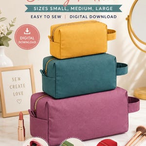 Può includere: Immagine di un modello di cucito per trousse per il trucco. L'immagine mostra tre trousse rettangolari in giallo, verde acqua e viola. Le borse hanno una chiusura con cerniera e un manico laterale. Il testo sull'immagine dice "Makeup Bag Sewing Pattern" e "Easy to Sew | Digital Download."