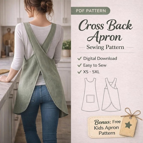 Cross Back Apron Sewing Pattern, Japanese Pinafore Apron, Artist & Kitchen Apron DIY, Pottery Apron, Plus Size Linen Apron Pattern For Women