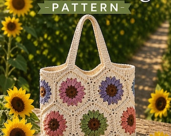 Sunflower Crochet Bag Pattern PDF, Sunflower Granny Square Bag, Granny Square Tote Purse, Citrus Fruit Purse, Summer Shoulder Bag Tutorial