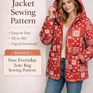 Puede incluir: Chaqueta acolchada roja con capucha y diseño de patchwork. La persona lleva vaqueros azules. El texto de la imagen dice "Patrón de costura de chaqueta acolchada" y "Patrón de costura de bolso tote gratuito".