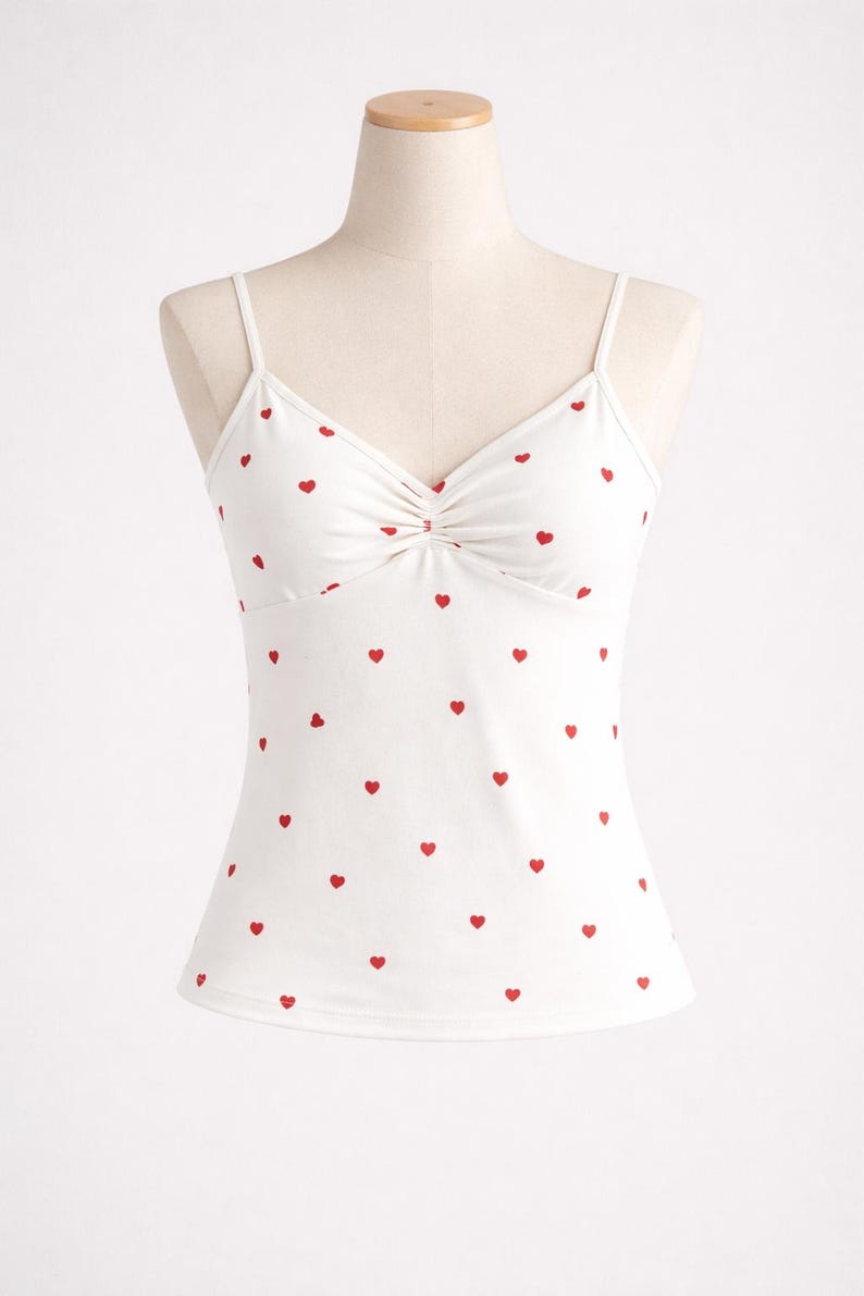 Op de afbeelding: Witte camisole top met een patroon van rode hartjes. De top heeft dunne spaghettibandjes en een geplooid detail bij de buste. De stof is een zacht, lichtgewicht materiaal.
