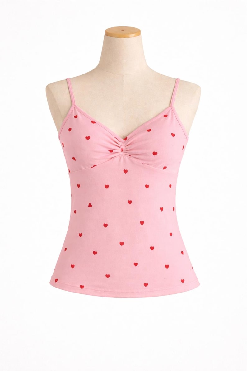 Op de afbeelding: Een lichtroze camisole top met kleine rode hartmotieven. De top heeft fijne spaghettibandjes en een geplooid detail bij de buste. De stof voelt zacht aan, met harten gelijkmatig verdeeld.