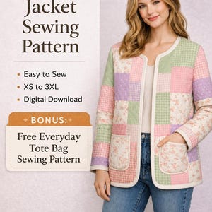 Può includere: Un modello di cucito per giacca trapuntata patchwork. La giacca presenta un mix di quadrati rosa, verdi e viola. Il modello include taglie XS-3XL ed è un download digitale. Bonus: modello gratuito per borsa tote.
