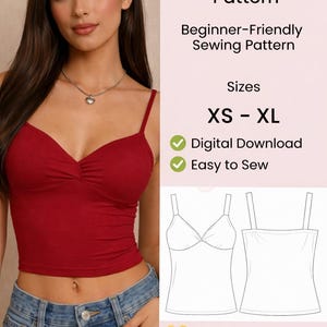 May include: A red cami top pattern with spaghetti straps, shown on a model. The image includes the text "Cami Top Pattern," "Beginner-Friendly Sewing Pattern," and size range "XS - XL." It is a digital download and easy to sew.