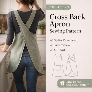 Modello di cucito per grembiule incrociato sulla schiena, grembiule giapponese da donna, grembiule da cucina e da artista fai da te, grembiule da ceramica, modello di grembiule in lino taglie forti