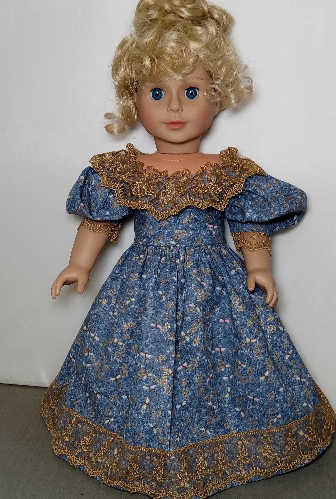 1830s Doll Dress Blue Gold Lace