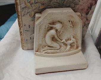 Vintage Art Nouveau-Style metal Bookends (set of two) | Kneeling Woman at Bird Bath