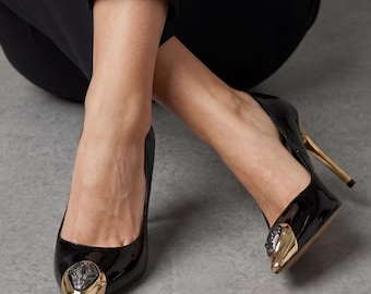 Black Patent Leather Pointed Toe Heels | Casual Gold Style Pumps | Elegant Evening Party Shoes