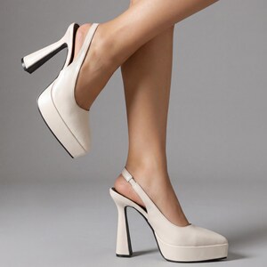 Könnte beinhalten: Cremefarbene Slingback-Plateau-Pumps mit spitzer Zehenpartie und einem dicken, geschwungenen Absatz. Die Absätze haben einen schwarzen Akzent. Die Schuhe haben einen Knöchelriemen. Die Absätze sind ca. 10 cm hoch.