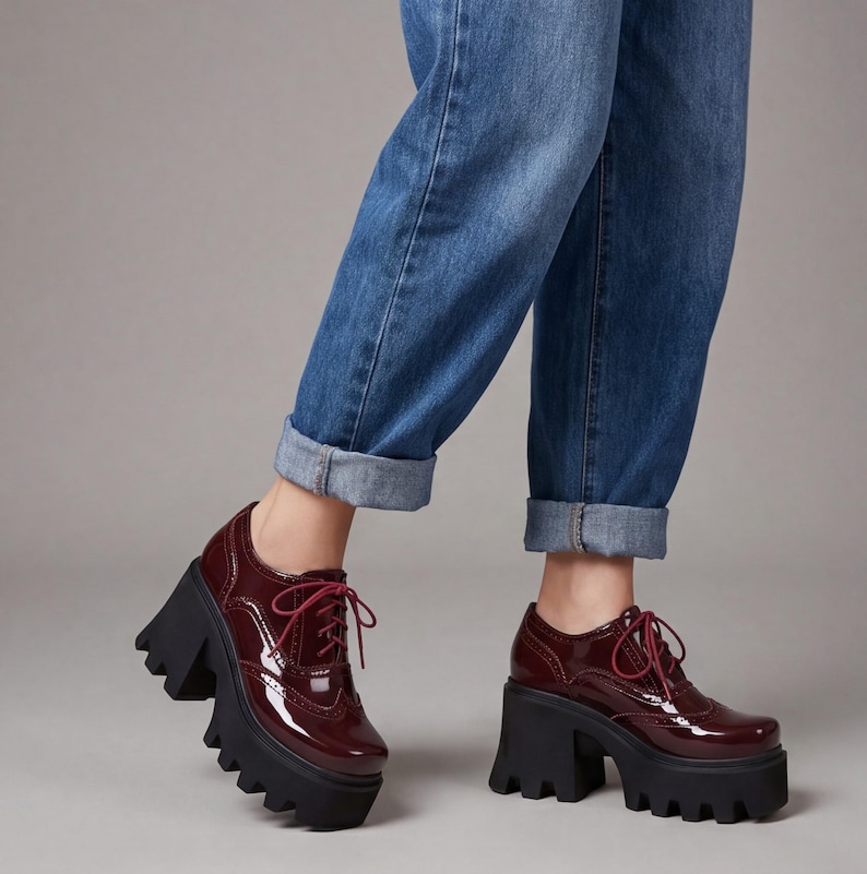 Patent leather platform pumps chunky block heel lace-up closure deep lug sole women statement footwear gothic party heels ankle height reinforced eyelet construction cushioned insole