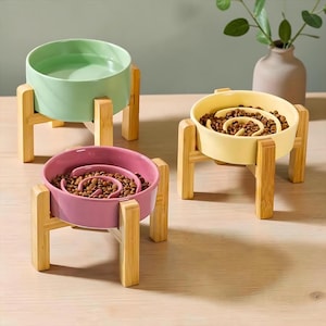 May include: Three ceramic pet bowls elevated on light-coloured wooden stands. One bowl is light green and empty, while the other two, one yellow and one pink, feature internal spiral ridges and are filled with brown dry pet food kibble.
