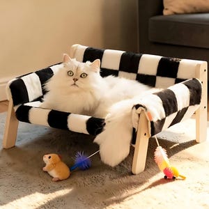 Wooden Elevated Pet Bed – Removable Washable Cushion, Modern Camp Style Furniture