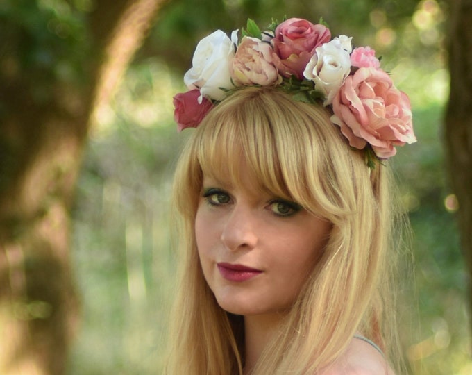 Rose Flower Crown Headpiece in Vintage Pink, Blush and Ivory