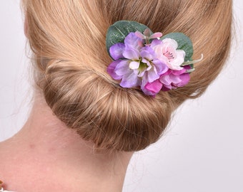 Small Pink and Purple Blossom and Eucalyptus  Hair Comb