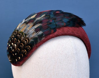 Burgundy and Pheasant Feather Bandeau Headband Fascinator