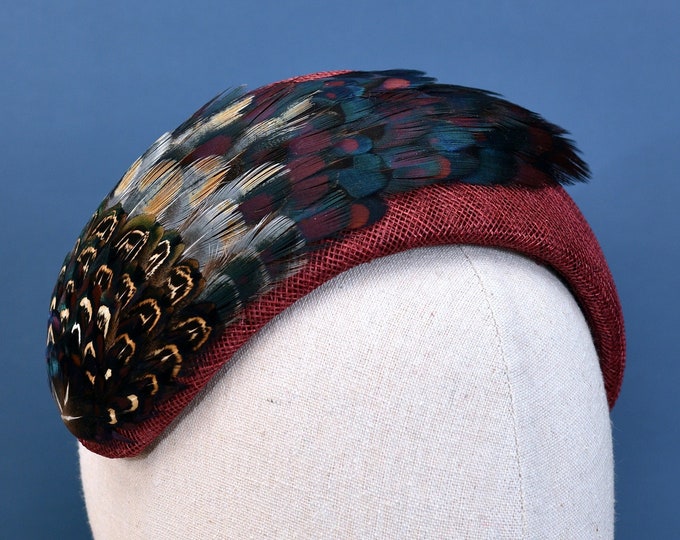 Burgundy and Pheasant Feather Bandeau Headband Fascinator