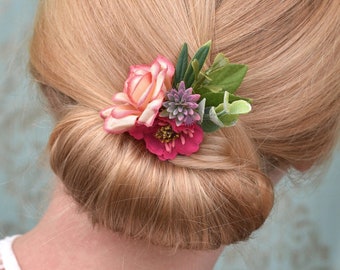 Rose and Anemone Flower Hair Clip in Shades of Pink