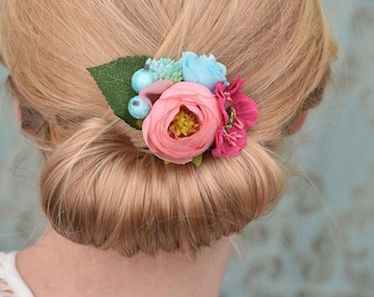 Flower Hair Clip in Pink and Blue Roses and Ranunculus