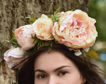 Blooming Peony Flower Crown Headband in Blush Pink and Ivory