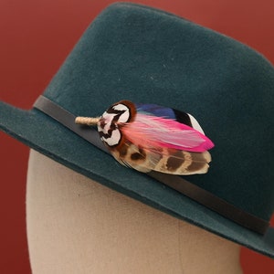 Blue Duck and Pheasant Feather Lapel Pin with a Flash of Pink | Pheasant Feather Boutonniere |  Feather Brooch | Feather Hat Pin