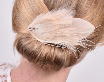 Blush Pink and Ivory Peacock Feather Fascinator with Swarovski Crystal Details