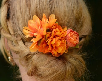 Flower Hair Clip in Orange Dahlias and Ranunculus | Tropical Hair Clip | Bridal Accessory