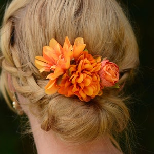 Flower Hair Clip in Orange Dahlias and Ranunculus| Tropical Hair Clip | Bridesmaids Clip | Bridal Hair Clip | Flower Bun Clip