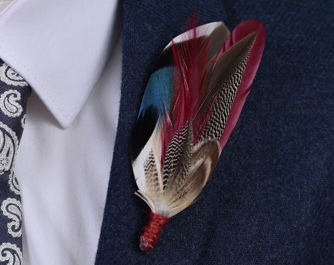 Burgundy and Navy Blue Duck Feather Lapel Pin
