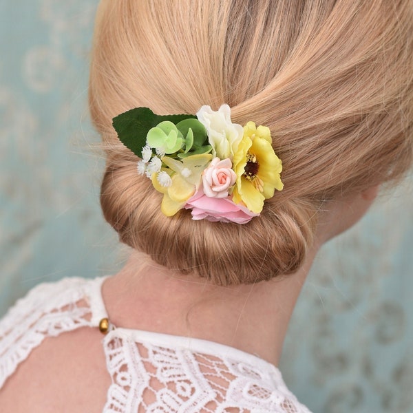 Flower Hair Clip in Pink and Yellow | Bridesmaids Hair Clip | Hair Accessory | Floral Headpiece | Bridal Hair Clip | Flower Bun Clip