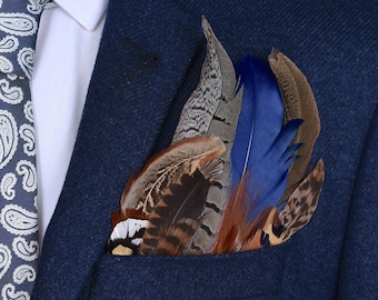Navy Blue and Pheasant Feather Pocket Square No.65