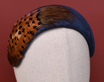 Navy Blue and Copper Pheasant Feather Bandeau Headband Fascinator