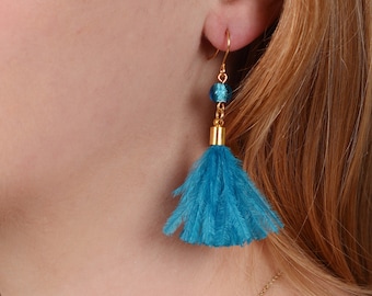 Bright Ocean Blue Feather Tassel Earrings