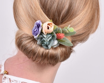 Artificial and Dried Flower Hair Clip in  Blue and Blush Pink