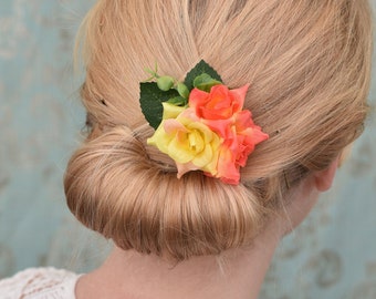 Tropical Orange and Yellow Rose Hair Clip